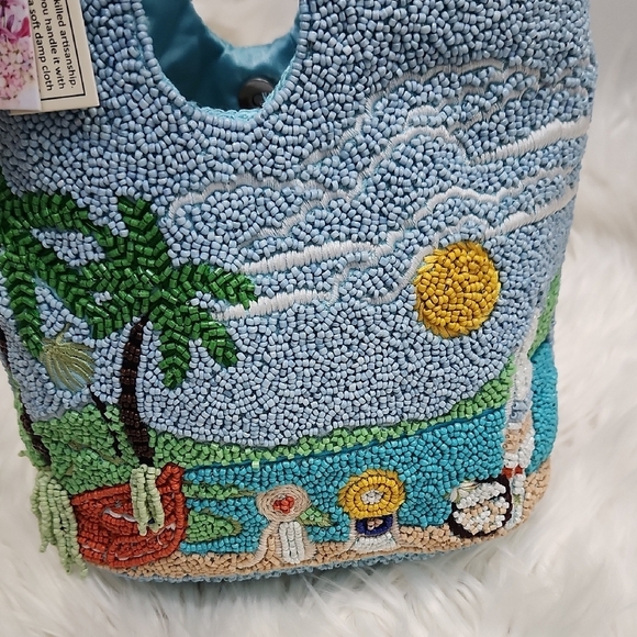 🔹️Made In india 🔹️Blue  Vacation Palm Trees Summer Beach Beaded Tote Bag - Picture 11 of 11